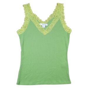 Vintage Y2K Fairy Lace Trim Tank Top Womens Medium Green Rib Knit Stretch Preppy